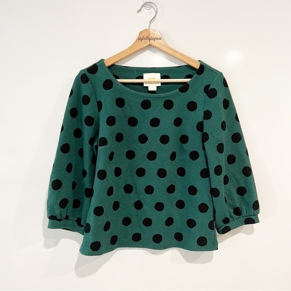 Maeve Anthropologie Green Black Polka Dot Pullover Top - Picture 3 of 10